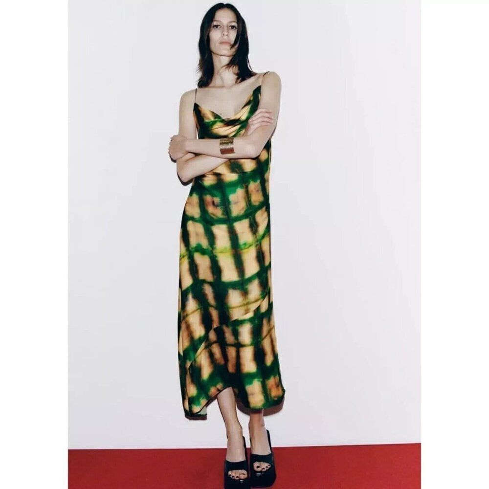Zara Women Midi Dress Tie Dye S Green Satin Effect Sleeveless 4786/338 NWT